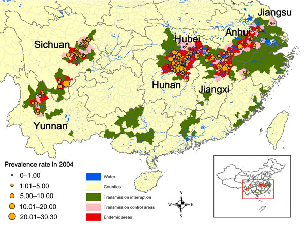 Regional distribution of schistosomiasis prevalence rates (%) in villages sampled in the third national survey, People's Republic of China, 2004.