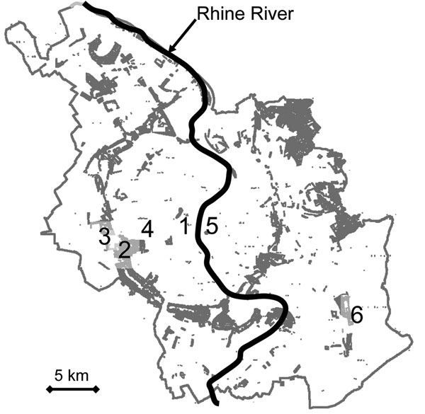 City of Cologne, showing its corridor of wooded public parks (shaded area) and the location of the exposure sites in the Stadtwald stadium area: 1, Cologne cathedral; 2, Stadtwald; 3, RheinEnergie Stadium; 4, university; 5, trade fair; 6, airport.