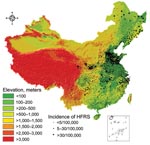 Thumbnail of Topographic map of the People’s Republic of China, showing relationship between elevation and incidence of hemorrhagic fever with renal syndrome (HFRS).