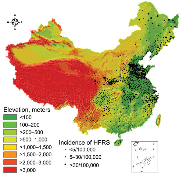 Topographic map of the People’s Republic of China, showing relationship between elevation and incidence of hemorrhagic fever with renal syndrome (HFRS).