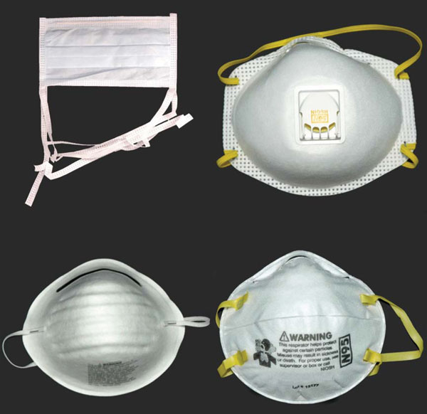 Noncertified masks and certified respirators. A surgical mask (upper left) and a dust mask (lower left) are examples of disposable masks that are not designed to filter small particles and that are not certified by the National Institute for Occupational Safety and Health (NIOSH). The disposable N95 filtering facepiece respirators pictured on the right (with exhalation valve, upper right; without exhalation valve, lower right) are made of material certified by NIOSH to filter 95% of 0.3-μm diameter particles and bear the NIOSH name and “N95” filter identification. The European FFP2 respirator is most analogous to the N95 filtering facepiece respirator. NIOSH also certifies more expensive reusable respirators (not pictured), which can be fitted with disposable cartridges that filter particles. Reusable respirators may cover the face from the bridge of the nose to the chin (half-face) or from the forehead to the chin (full-face).
