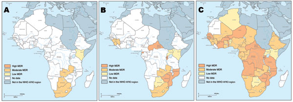 Prevalence of multidrug resistance (MDR) in Africa among combined tuberculosis cases. A) Data collected from the Third Global Report on Anti-tuberculosis Drug Resistance in the World of the World Health Organization (WHO) published in 2004 (40). B) Data from various recent WHO publications, peer-reviewed journal articles, and WHO’s Fourth Global Report (1). C) Formulaic estimates of Zignol et al. (11). AFRO, WHO Regional Office for Africa.