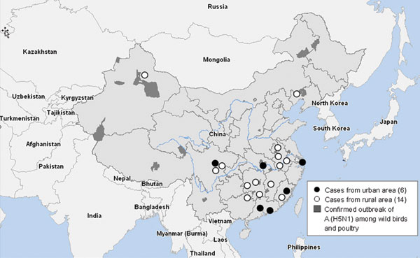 Map showing distribution of 6 human influenza (H5N1) cases from urban areas of People’s Republic of China, compared with 14 cases from rural areas. The 6 urban cases were distributed sporadically in 6 large cities of 5 provinces, and none was associated with confirmed H5N1 subtype poultry outbreaks or sick and dead poultry.