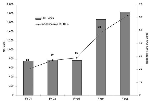 Visits for skin and soft tissue infections (SSTIs) in Baltimore Veterans Affairs Medical Center Emergency Care Service (ECS), 2001–2005. FY, fiscal year. FY01–03 versus FY04–05, χ2 test, p&lt;0.001.