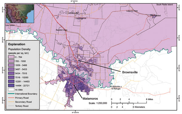 Map of Brownsville, Texas, and Matamoros, Mexico, contiguous cities on the US–Mexico border. Source: US Geological Survey; available from http://borderhealth.cr.usgs.gov/staticmaplib.html