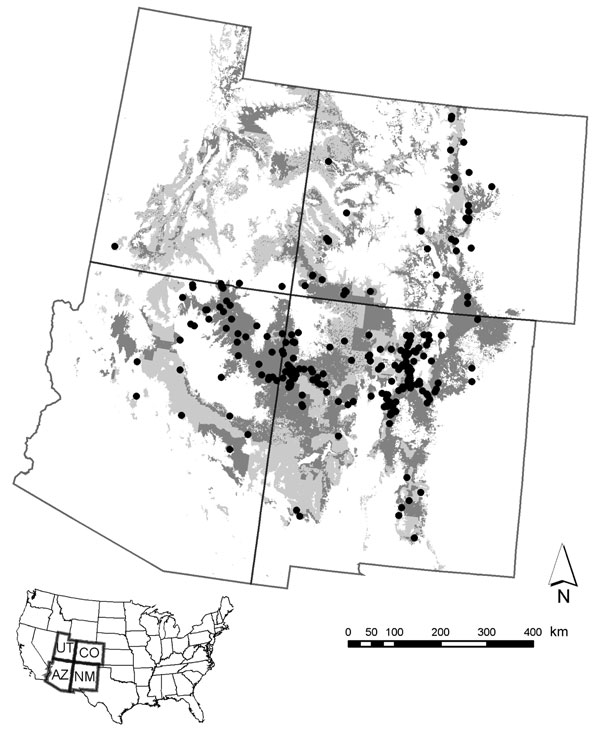 Areas predicted by a model based on peridomestically acquired plague cases from 1957 through 2004 to pose high risk to humans in the Four Corners Region (Arizona, Colorado, New Mexico, and Utah) are depicted in light gray. Those high-risk areas on privately or tribally owned land are shown in dark gray. Black circles represent locations of peridomestically acquired human plague cases. States comprising the Four Corners Region are shown within the United States in the inset. Reprinted with permission of the Journal of Medical Entomology from Eisen et al. (9).
