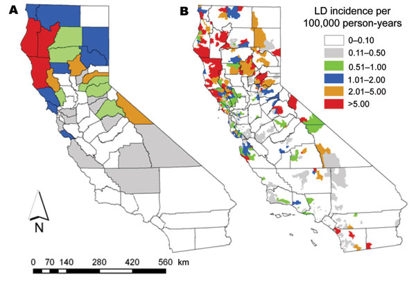 Comparison of spatial distributions of areas of California with different incidences of endemic Lyme disease (LD), 1993–2005, when calculated by A) the county spatial unit and B) the 5-digit ZIP code spatial unit. Adapted from a figure published in the American Journal of Tropical Medicine and Hygiene by Eisen et al. (8).