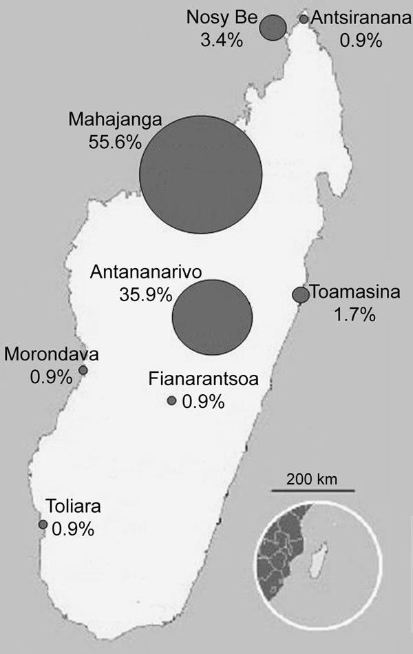 Map assessing the potential risk for spread of Plasmodium falciparum mutant-type alleles associated with resistance to chloroquine and pyrimethamine from the Comoros Islands to Madagascar, Mahajanga, Madagascar, 2006.