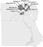Thumbnail of Locations and number of cases in the initial outbreaks of foot-and-mouth disease, Egypt, 2006.