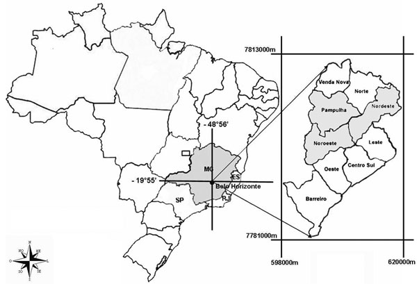 Location of the city of Belo Horizonte and its boroughs Pampulha, Nordeste, and Noroeste, Minas Gerais State, where samples of dengue virus serotype 3 were collected during 2002–2004.