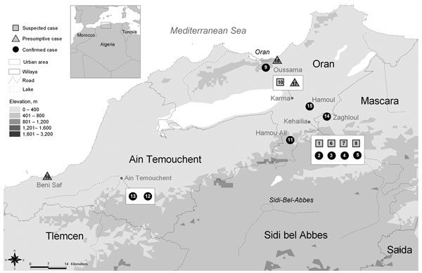 Geographic distribution of plague cases, Oran region, June–July 2003. Boundaries and names shown and the designations used on this map do not imply the expression of any opinion whatsoever on the part of the World Health Organization (WHO) concerning the legal status of any country, territory, city, or area or of its authorities, or concerning the delimitation of its frontiers or boundaries. Dotted lines on maps represent approximate border lines for which there may not yet be full agreement. Data source: Ministry of Health Algeria. Map production: Public Health Mapping and GIS, Communicable Diseases, WHO. Copyright WHO, 2006. Used with permission.