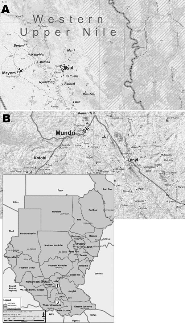 Location of the study areas in Southern Sudan: A) Western Upper Nile; B) West Equatoria Region, Mundri County (source: Centre for Development and Environment, University of Berne, Switzerland; available from www.cde.unibe.ch/sudan/maps), with an inset of the whole country (source: World Health Organization; available from www.emro.who.int/sudan/media/pdf/sud-states-2006.pdf).