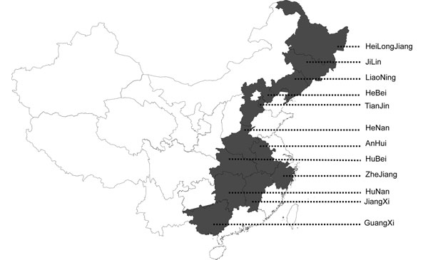 Geographic distribution of porcine reproductive and respiratory syndrome viruses (PRRSVs) examined in the study. Shaded areas indicate the provinces where the PRRSVs characterized by deletions in Nsp2 were detected.