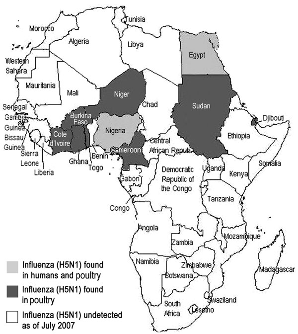 Map of Africa, documenting spread of influenza (H5N1).