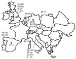 Thumbnail of Geographic distribution of antigenic variants of canine parvovirus (CPV) in Europe. CPV-positive fecal samples or viral isolates from different countries were analyzed by molecular methods; strains CPV-2, 2a, 2b, or 2c are indicated for each country by numbers in parentheses. Samples were collected during 2005–2006, except for samples from Italy (2006) and Germany (1996–2005). P, Portugal; S, Spain; UK, United Kingdom; B, Belgium; CH, Switzerland; D, Germany; CZ, Czech Republic.