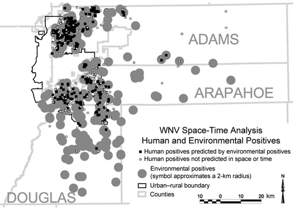 Human infections and positive environmental results, Adams, Arapahoe, and Douglas Counties, Colorado, 2003.