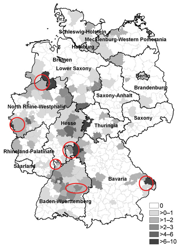 Incidences of reported hantavirus infections per 100,000 inhabitants by administrative district, Germany, 2005. Circles represent areas in which hantaviruses were known to be endemic.