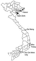 Thumbnail of Map of Vietnam showing location of Nam Dinh Province, investigated for fishborne zoonotic trematode infections, April 2005.