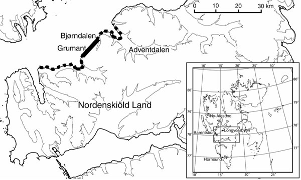 Main study area on the archipelago of Svalbard. Thick solid line, core area for sibling vole; broken line, area of distribution in peak vole year. Inset shows the 4 main settlements on the archipelago of Svalbard.