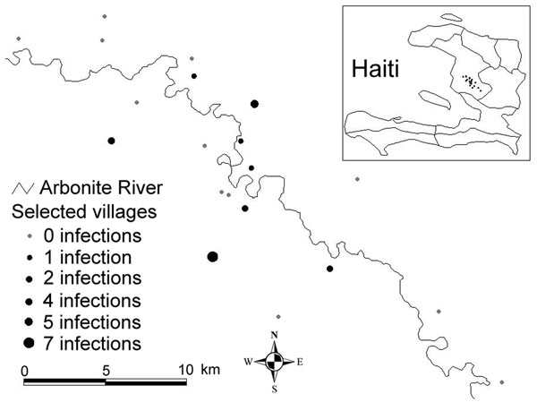 Map of selected villages for estimating the prevalence of Plasmodium falciparum infection, including number of infections identified within each village, Artibonite Valley, Haiti, 2006.
