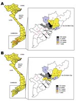Thumbnail of Geographic distribution of hand, foot, and mouth disease cases associated with human enterovirus 71 (A) or coxsackievirus A16 (B) infection, southern Vietnam, 2005.