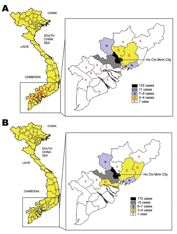 Geographic distribution of hand, foot, and mouth disease cases associated with human enterovirus 71 (A) or coxsackievirus A16 (B) infection, southern Vietnam, 2005.