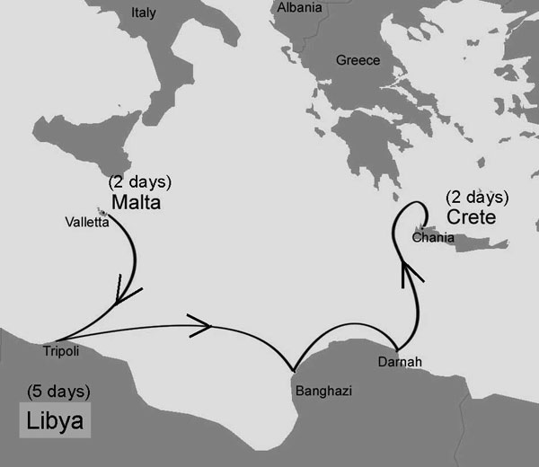 Cruise path on the Mediterranean Sea along the coasts of Crete, Libya, and Malta.