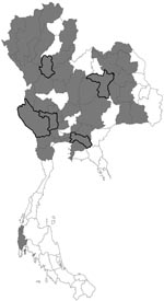 Thumbnail of Map of Thailand. Gray shading indicates provinces with confirmed avian influenza outbreaks; black outlines indicate provinces included in this study.