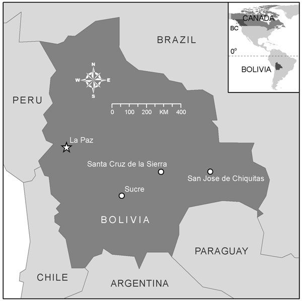 Map of Bolivia with an inset map of North America showing the location of British Columbia (BC) and its relation to Bolivia.