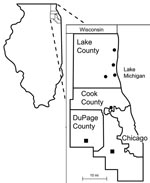 Thumbnail of Sites surrounding Chicago from which Borrelia burgdorferi–infected Ixodes scapularis ticks were recovered in 2005–2006 (■) and 2006–2007 (●).
