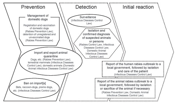 Regulatory framework for preventing and controlling rabies in Japan. Under 3 laws, countermeasures against rabies are divided into prevention, detection, and initial reaction. Infectious Diseases Control Law means Law Concerning the Prevention of Infectious Diseases and Medical Care for Patients with Infectious Disease. Solid and dashed lines show ordinary and emergency countermeasures, respectively.