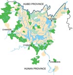 Thumbnail of Hunan Province in 2002, showing that schistosomiasis is mainly confined to the area surrounding Dongting Lake. Areas in beige are classified as endemic for schistosomiasis. Areas in light green have fulfilled the transmission control criteria and are characterized by schistosomiasis infection rates &lt;1% for humans and animals and a snail habitat reduction of &gt;98%. Areas in dark green have fulfilled the criterion of interrupted transmission, which means that no new human or animal schistosomiasis cases occurred in successive years, and no snails were found for &gt;1 year.