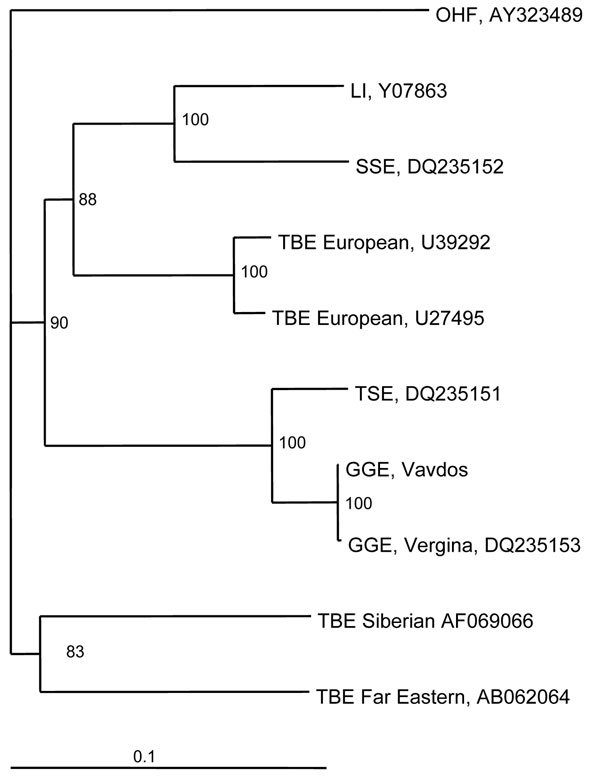 Phylogenetic tree of the envelope gene of tick-borne encephalitis (TBE) virus strains constructed by using PHYLIP software (http://evolution.genetics.washington.edu/phylip.html). Omsk hemorrhagic fever (OHF) virus was used as the out-group. The numbers at the nodes represent bootstrap values. LI, louping ill; SSE, Spanish sheep encephalitis; TSE, Turkish sheep encephalitis; GGE, Greek goat encephalitis. Scale bar, 10% nucleotide sequence divergence.