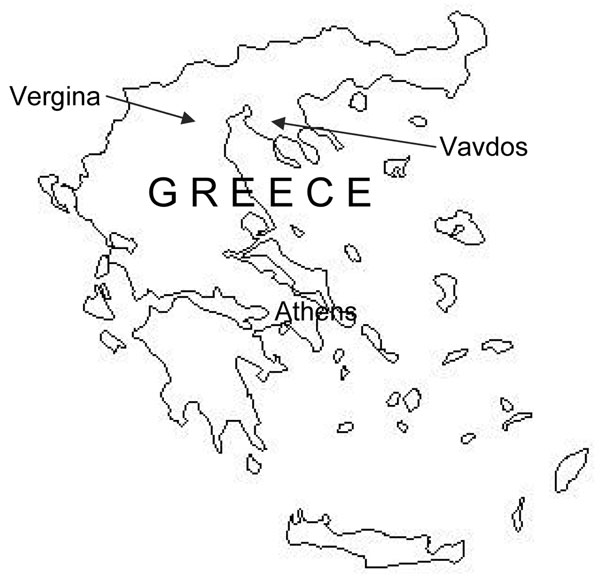 Map of Greece showing location of Vergina and Vavdos villages.