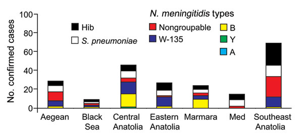 Etiology of confirmed cases of bacterial meningitis in different geographic regions. W-135 was the most prominent Neisseria meningitidis serogroup in the Southeast Anatolia, Aegean, Eastern Anatolia, and Black Sea regions. The percentages of cases caused by Streptococcus pneumoniae and Haemophilus influenzae type b (Hib) are also shown.