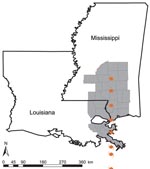 Thumbnail of Hurricane Katrina track and hurricane-affected Louisiana parishes and Mississippi counties. Affected parishes and counties (gray) were defined as those in which &gt;50% of the total area was &lt;50 miles of the hurricane track coordinates.