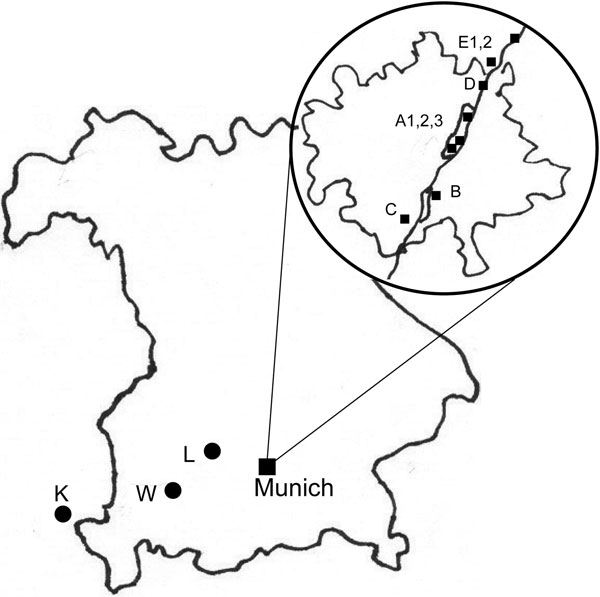 Location of collection sites. Large map, Bavaria, Germany; circled inset, city of Munich (with the Isar River). Sites in Munich area: A1, 2, 3, English Garden park; B, city park; C, D, E1, 2, riparian and deciduous forest; K, L, W, mixed forest areas outside of Munich.