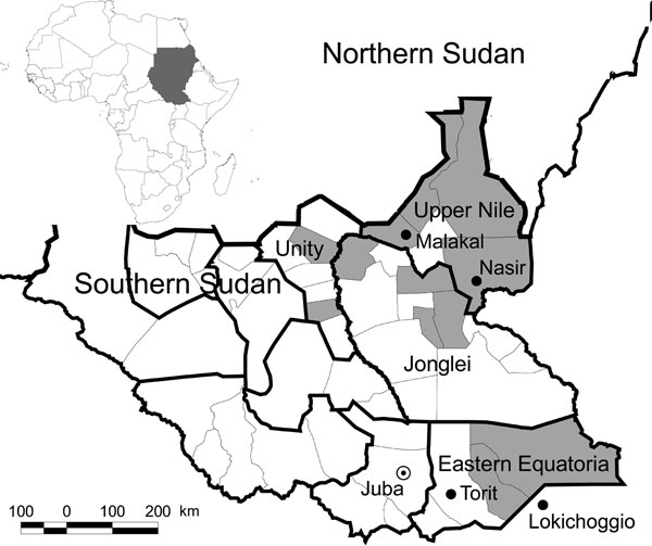 Map of Southern Sudan showing the 2 foci of visceral leishmaniasis. Shaded areas represent those counties where primary cases were reported from January through June 2007. Inset shows location of Sudan in Africa. (Adapted from World Health Organization, Southern Sudan Health Update, July–August 2007.)