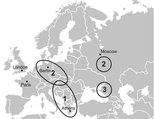 Map of Europe showing cases, identified by serologic as well as molecular methods, of hemorrhagic fever with renal syndrome caused by infection with the Dobrava-Belgrade virus (DOBV) variants: 1, DOBV-Af; 2, DOBV-Aa ; and 3, DOBV-Ap.