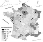 Thumbnail of Map of France, showing spatial distribution of Yersinia pseudotuberculosis infections during the winter of 2004–05. Black circles, patients' residences; open circles, cities with medical laboratories that stated that they had not isolated any Y. pseudotuberculosis from clinical specimens.