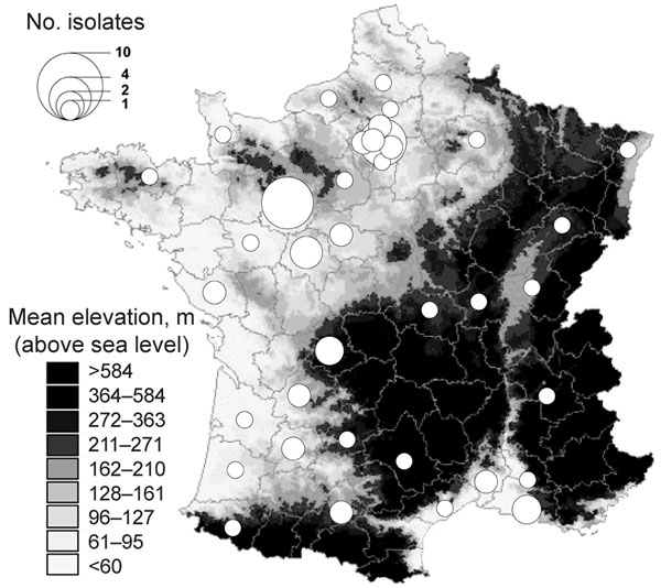 County distribution, France, of Yersinia pseudotuberculosis isolated from human blood and reported to the Yersinia National Reference Laboratory over the 16 years preceding the winter of 2004–05. The number of isolates is represented by proportionally sized circles arbitrarily located at the center of the counties.