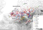 Thumbnail of Monthly distribution of confirmed bluetongue virus 8 (BTV-8) outbreaks in northern and central Europe from August 17, 2006, through February 1, 2007. After January 1, 2007, few BTV cases were reported; those that were probably involved animals that had been infected, but not detected, in 2006.