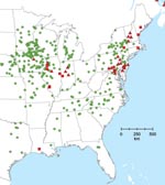 Thumbnail of Locations of pastured-pig operations (green dots) and previous records of Trichinella spiralis in domestic pigs (red squares) and wildlife (red triangles), United States.