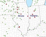 Thumbnail of Pastured-pig operations (green dots) and previous records of Trichinella spiralis in domestic pigs (red squares) and wildlife (red triangles), Illinois and Indiana.
