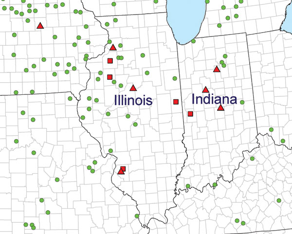 Pastured-pig operations (green dots) and previous records of Trichinella spiralis in domestic pigs (red squares) and wildlife (red triangles), Illinois and Indiana.