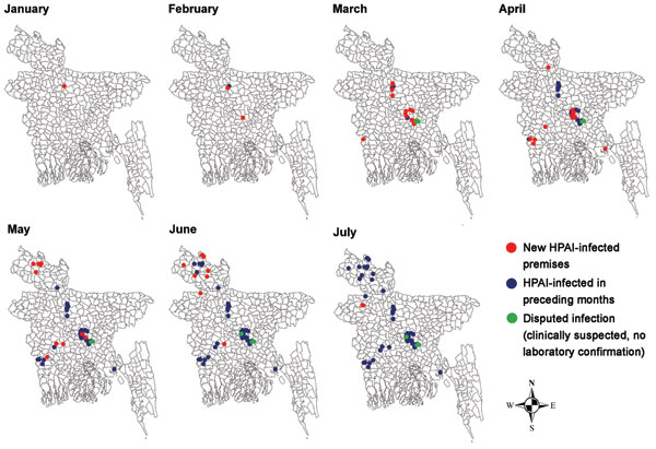 Monthly spread of highly pathogenic avian influenza (HPAI) outbreaks in chickens, Bangladesh, January–July, 2007.