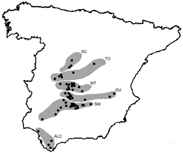 Map of Spain showing wild ruminant sampling sites (black dots) and areas (gray) sampled along a south-to-north gradient during 2003–2007. SC, Sistema Central; TO, Toledo Province; MT, Montes de Toledo; GU, Guadiana Valley; SM, Sierra Morena; ALC, Alcornocales.
