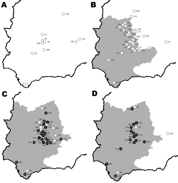 Study areas in Spain showing wild ruminant sampling sites by study year. A) 2003–2004; B) 2004–2005; C) 2005–2006; D) 2006–2007. A year is defined as the period July–June. Animal movement restriction areas for each year (www.mapa.es) are shown (gray areas). White dots show wild ruminant seronegative sampling sites, and black dots show level of bluetongue virus seroprevalence in wild ruminants. Numbers of sampled wild animals per sampling site are shown in parentheses.