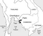 Thumbnail of Map of the Cambodia–Thailand border showing the town of Pailin, Cambodia, and the provinces of Chanthaburi and Trat, Thailand; the areas are collectively known as the epicenter of drug-resistant malaria.