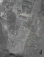 Thumbnail of Locations of dwellings within camp for Hmong refugees with tuberculosis (TB), Thailand, February 2005. Symbols indicate dwellings of patients with the following types of TB: red triangles, multidrug-resistant; yellow squares, resistant to &gt;1 anti-TB medications but not MDR TB; blue circles, pansusceptible; green circles, unknown drug-susceptibility testing results.